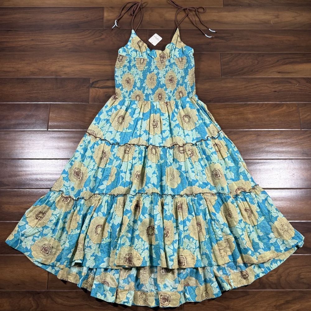 Free People Women's Size Large Blue Floral Hawaiian Ocean Adriel‎ Midi Dress